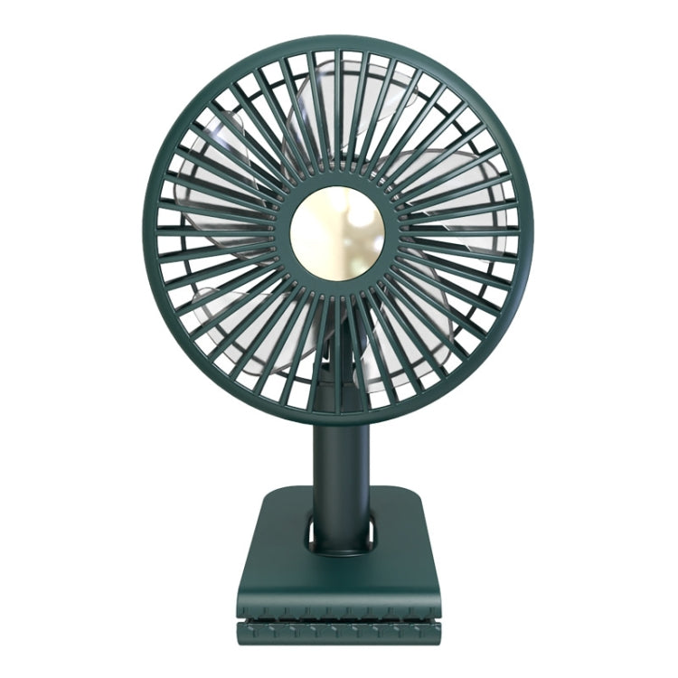 Dark green rechargeable clip-on oscillating fan with front grille and built-in light
