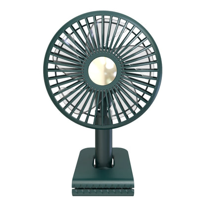 Dark green rechargeable clip-on oscillating fan with front grille and built-in light