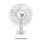 White rechargeable clip-on oscillating fan with front grille and built-in light