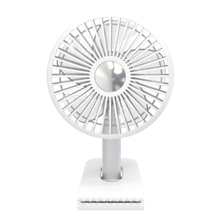 White rechargeable clip-on oscillating fan with front grille and built-in light