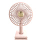 Pink rechargeable clip-on oscillating fan with front grille and built-in light