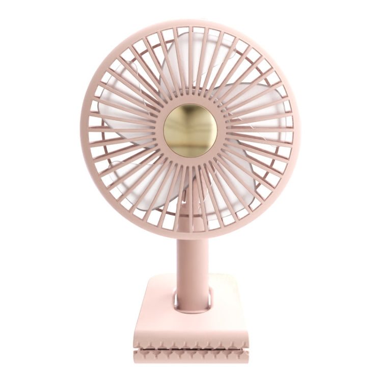 Pink rechargeable clip-on oscillating fan with front grille and built-in light
