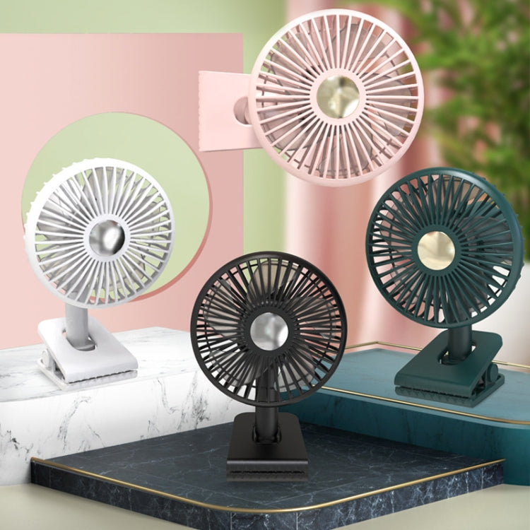Clip-on oscillating fan set in white, pink, and dark green with built-in lights