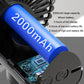 Rechargeable clip-on fan with blue battery pack and circuit board detail