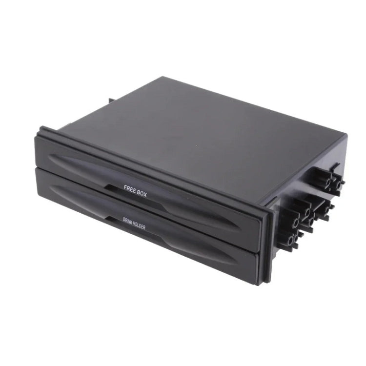 Car console storage box with front panel and labeled pull slot, dark gray