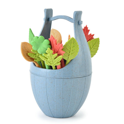 Blue wheat-fiber fruit fork set in egg-shaped holder with colorful leaf-shaped picks