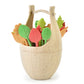Beige wheat-fiber fruit fork set in egg-shaped holder with multicolor leaf-shaped picks
