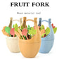 Wheat-fiber fruit fork set with three egg-shaped holders in beige and blue colors
