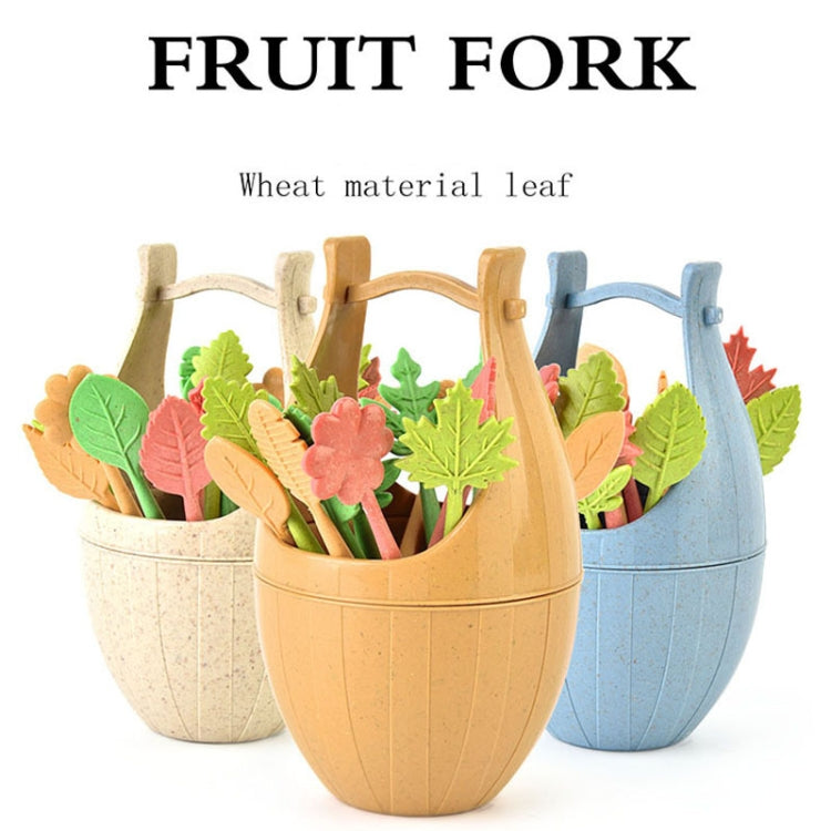 Wheat-fiber fruit fork set with three egg-shaped holders in beige and blue colors