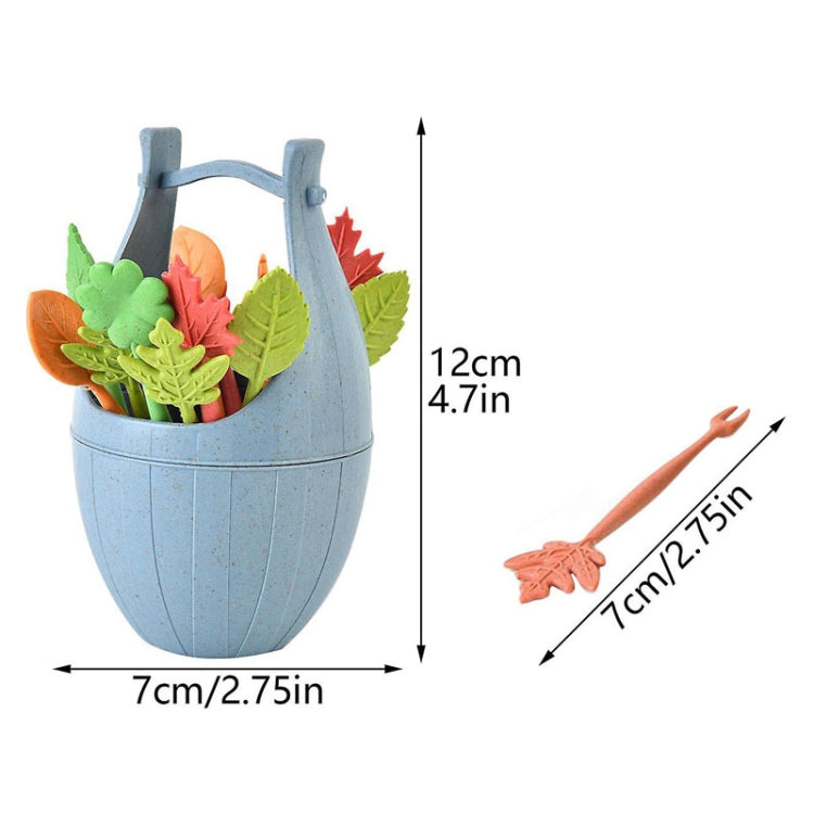 Blue wheat-fiber fruit fork set in egg-shaped holder with leaf-shaped picks