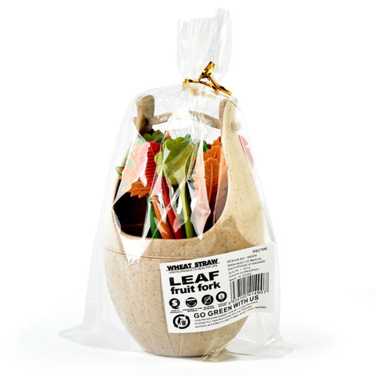 Packaged wheat-fiber leaf fruit fork set with egg-shaped holder and colorful picks