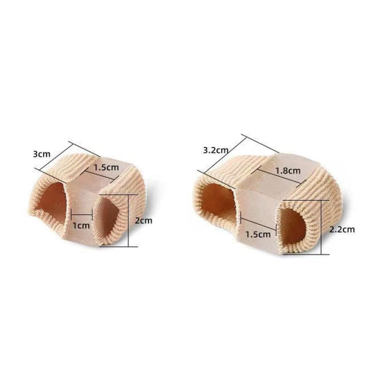 Beige double-hole toe separator orthosis with dimension diagram