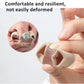 Beige double-hole toe separator orthosis held by hands, flexible knit
