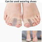 Beige double-hole toe separator orthosis worn on feet with shoes option