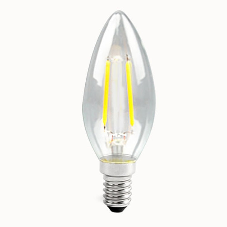 Teardrop LED bulb with clear glass, two visible filament bars, E14 base.
