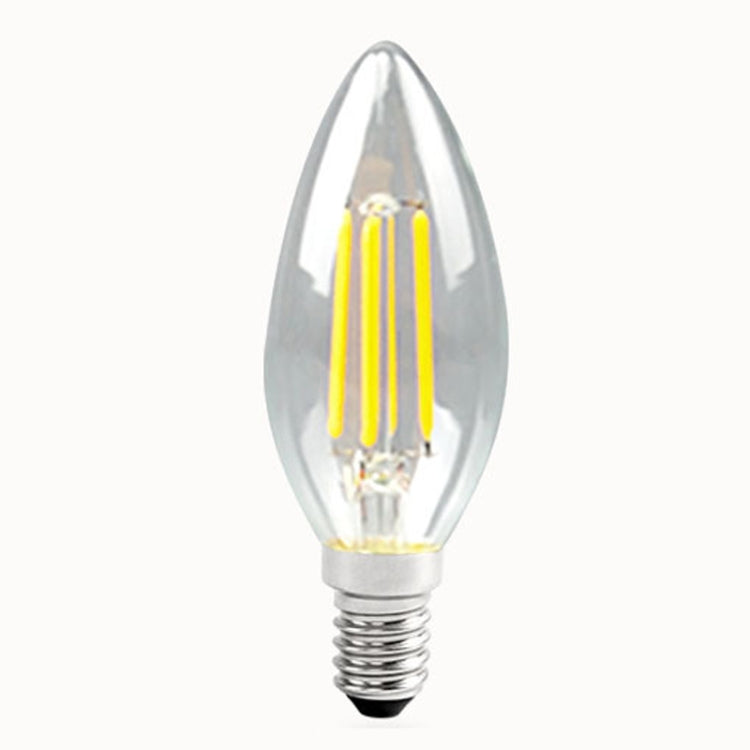 Teardrop LED bulb with clear glass, four visible filament bars, E14 base.