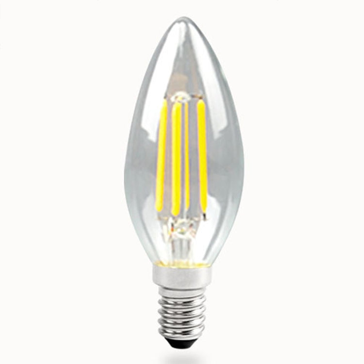 Teardrop LED bulb with clear glass, four visible filament bars, E14 base.