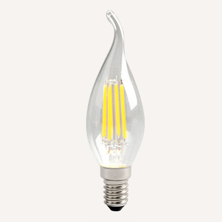 Clear teardrop LED bulb with warm yellow filament detail and E14 screw base