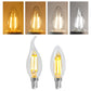 Set of clear teardrop E14 LED bulbs shown with warm and cool lighting effects