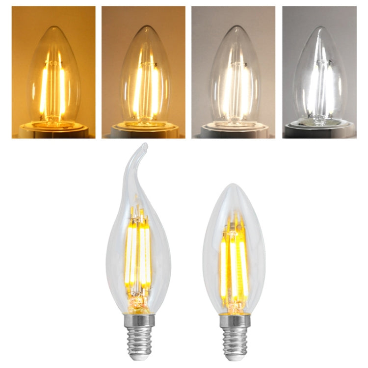 Set of clear teardrop E14 LED bulbs shown with warm and cool lighting effects