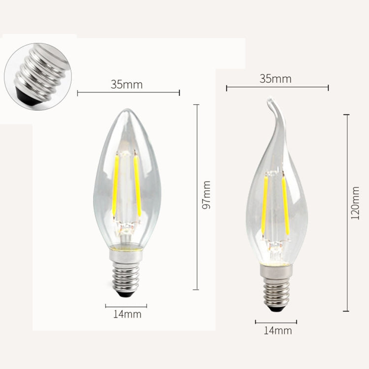 Clear teardrop E14 LED bulb with E14 screw base; shown front and angled view