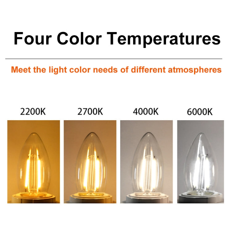 Four clear teardrop E14 LED bulbs showing 2200K to 6000K color temperature options