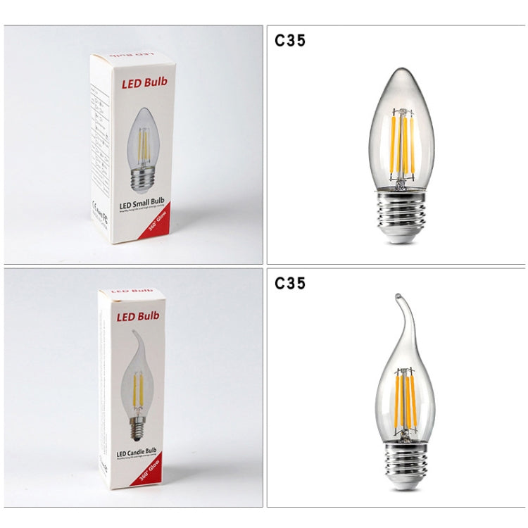 C35 LED bulb in box, clear teardrop glass E14 base with exposed filament
