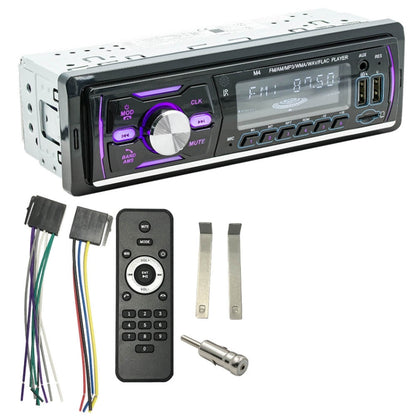 Car DAB Bluetooth radio with black faceplate, purple LED trim, screen display, and buttons
