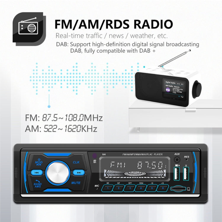 Car digital Bluetooth radio MP3 player with display, AUX ports, and two USB inputs