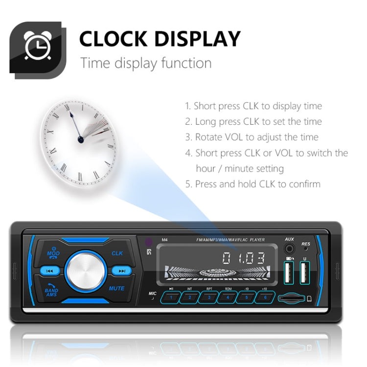 Car Bluetooth radio MP3 player front panel with blue backlit controls and clock display