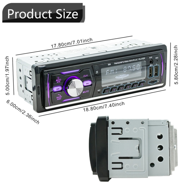 Car DAB Bluetooth radio front view with size diagram and rear connector panel