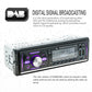 Car DAB Bluetooth radio head unit with digital display, purple LED controls, and AUX/USB ports