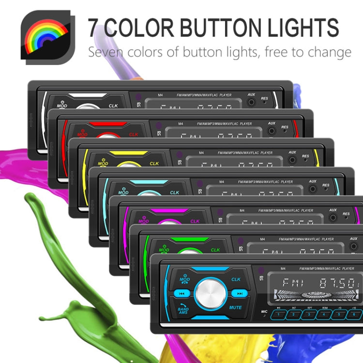 Car DAB Bluetooth radio showing seven color button light options across multiple units