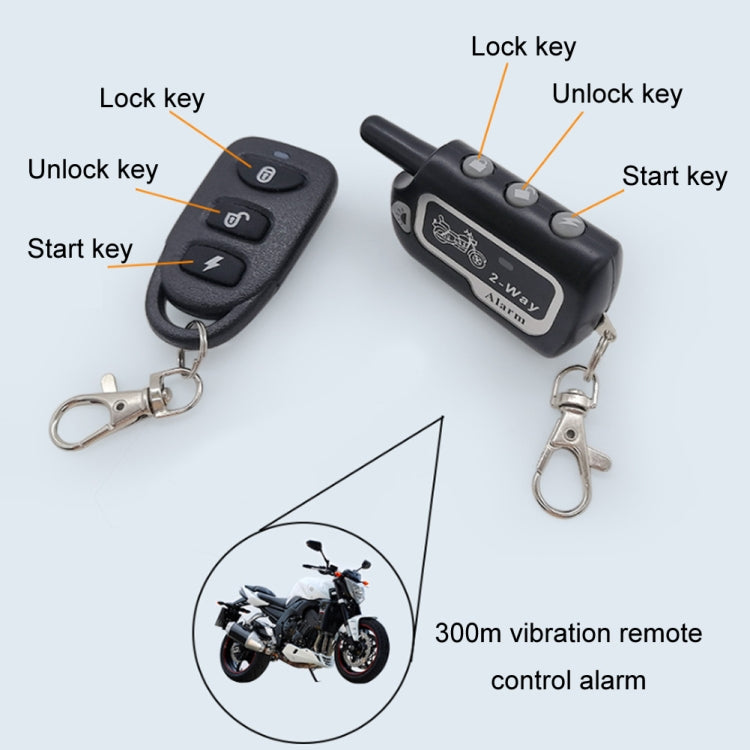 Two-way remote key fobs with start, lock, and unlock buttons and key rings