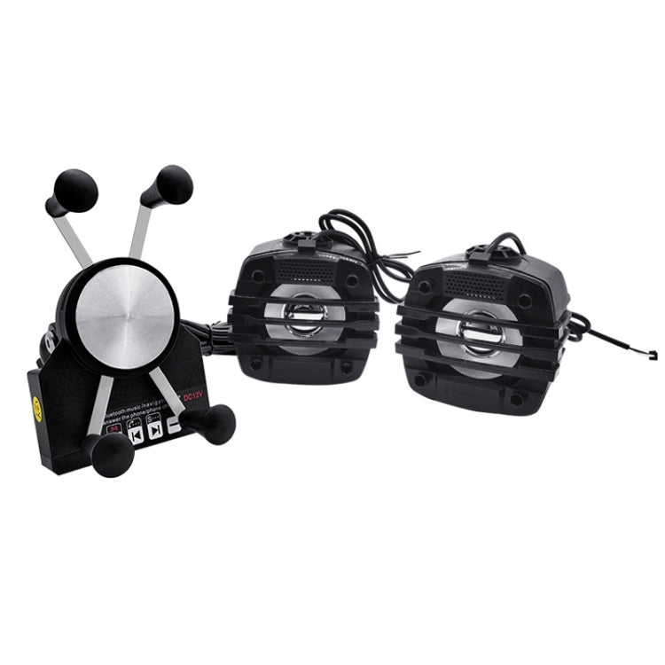 Motorcycle phone charging stand with Bluetooth speaker, black phone clamp and two speaker units