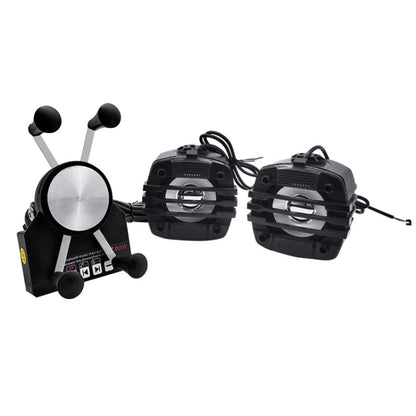 Motorcycle phone charging stand with Bluetooth speaker, black phone clamp and two speaker units