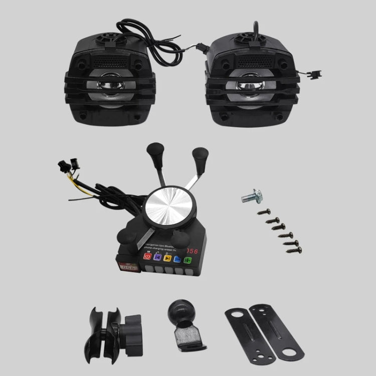 Motorcycle phone charging stand with Bluetooth speaker kit, two black speaker modules and mount