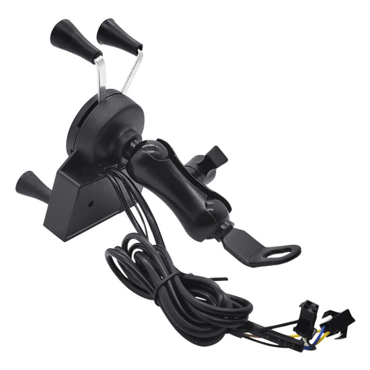 Motorcycle phone charging stand with Bluetooth speaker, black cradle with handlebar mount and cord