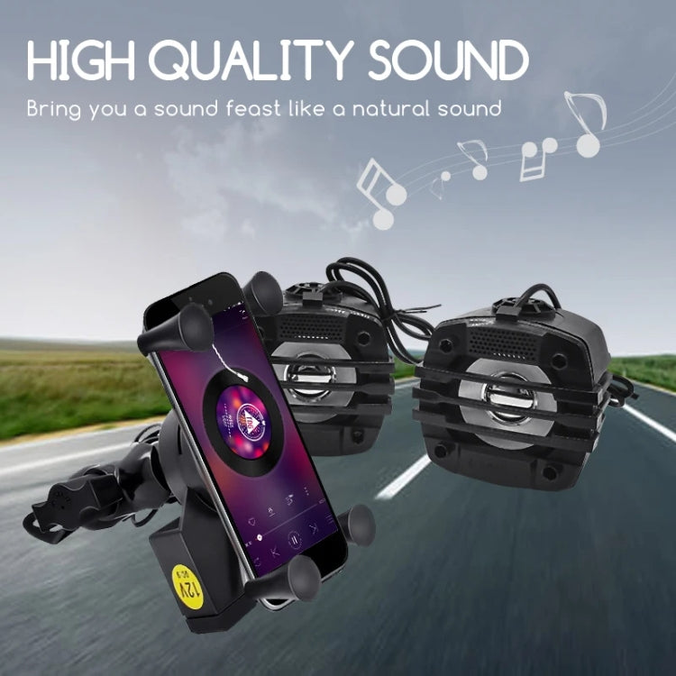 Motorcycle Bluetooth speaker system with phone cradle, black speaker modules and mounted stand