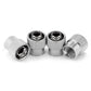 Set of 4 silver valve caps with black skull emblem, one shows threaded opening