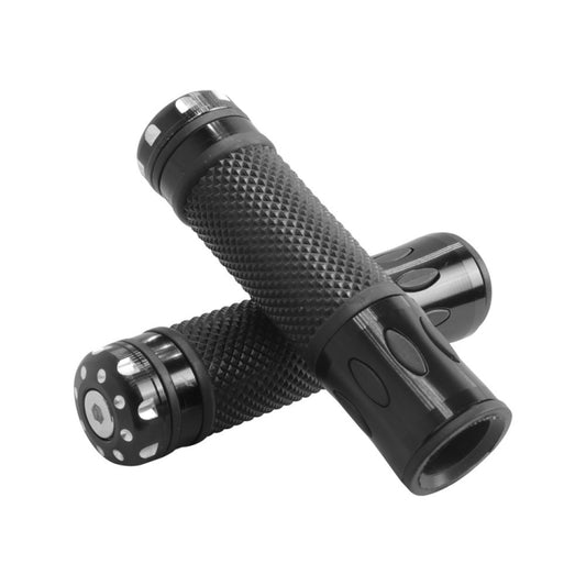 Pair of black scooter handle grips with textured rubber and end caps for grip