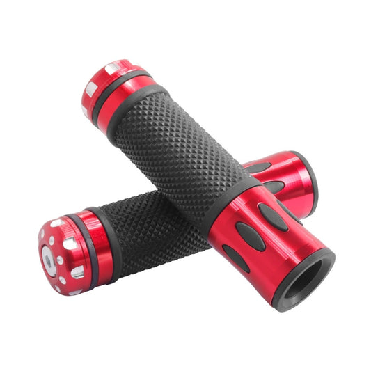 Pair of red scooter handle grips with textured rubber and red anodized end caps