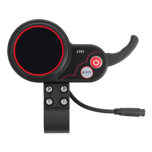 Electric scooter instrument display with round screen, red ring, power/mode buttons