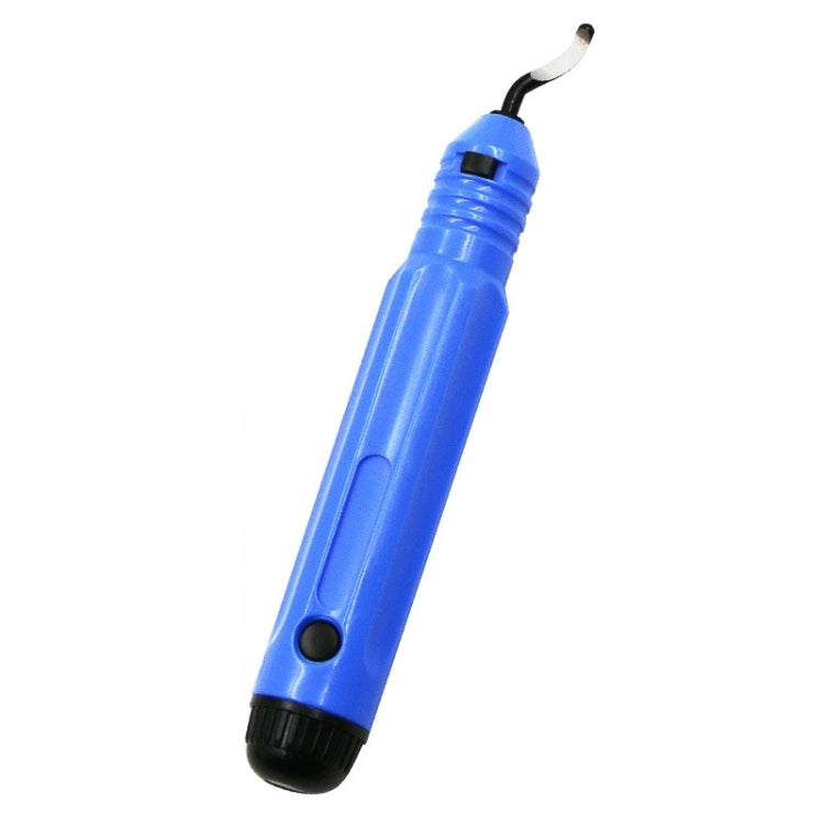 Blue woodworking edge trimmer with black grip and curved metal deburring blade