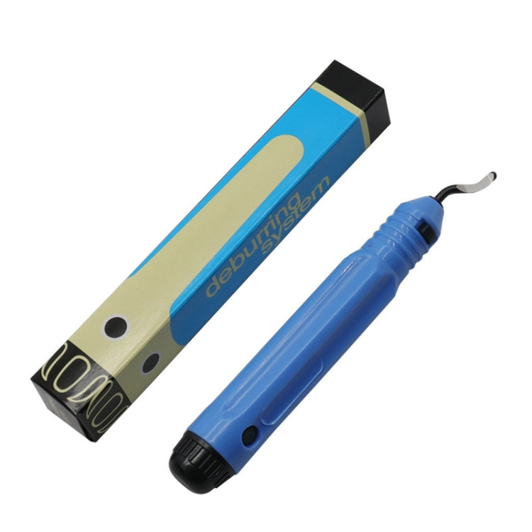 Blue edge trimmer tool with curved scraper blade and handle grip