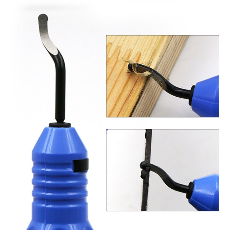 Blue edge trimmer with curved scraper blade contacting a wood board edge
