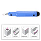 Blue woodworking scraper tool with black end grip and curved metal blade