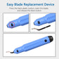 Blue edge trimmer with black button and curved blade for easy replacement
