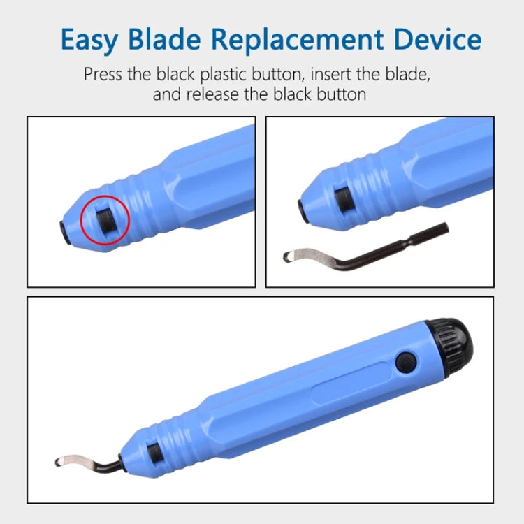Blue edge trimmer with black button and curved blade for easy replacement