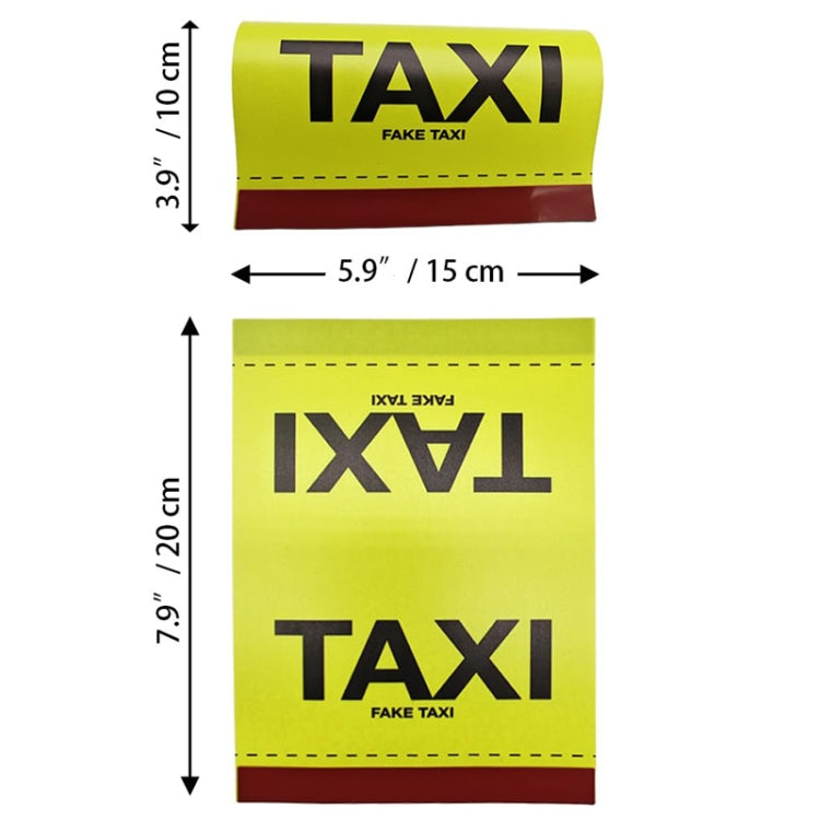 Yellow 'TAXI' car decal sticker with 'FAKE TAXI' and red bottom edge; size shown